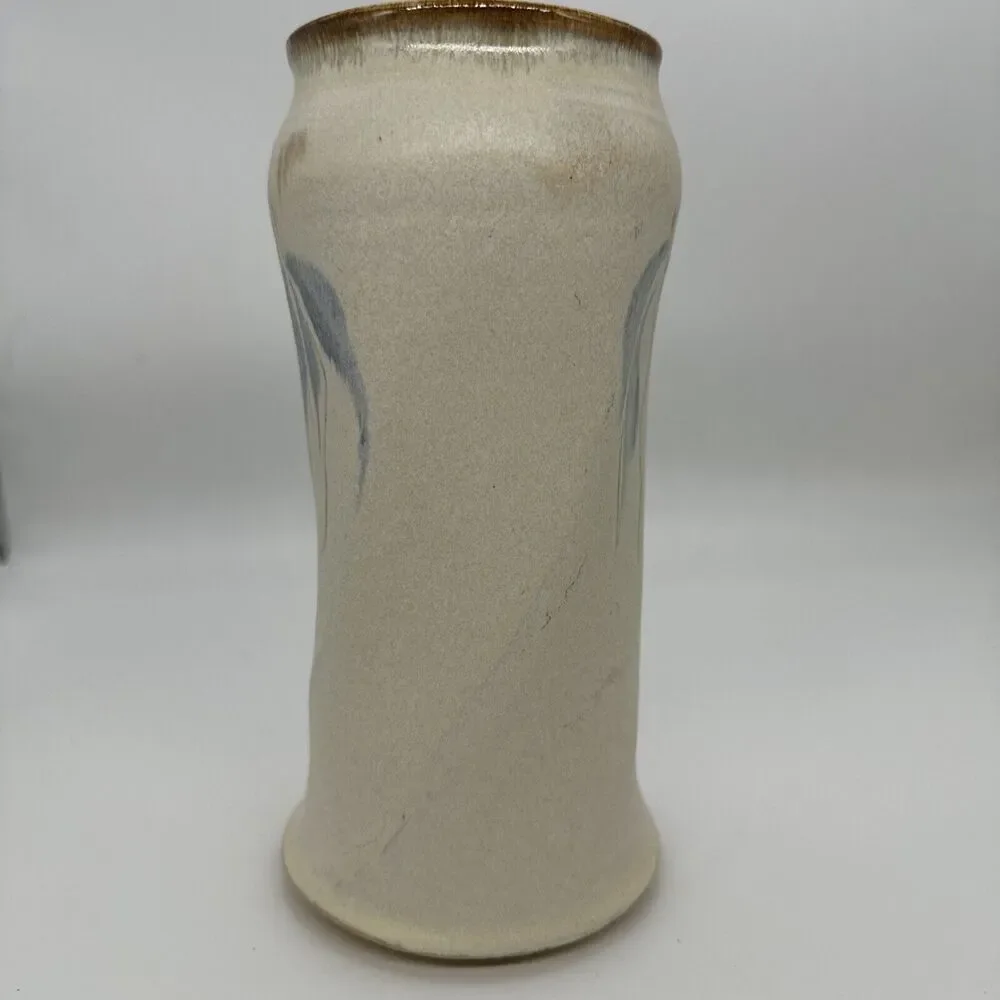 Handmade Ceramic Vase Abstract Blue Leaf Design Rustic Earth Tone Table‎ Decor